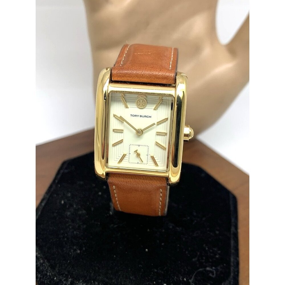 Tory Burch Women's Watch TBW1068 Tank Cream Dial Gold Quartz Brown Leather Band
